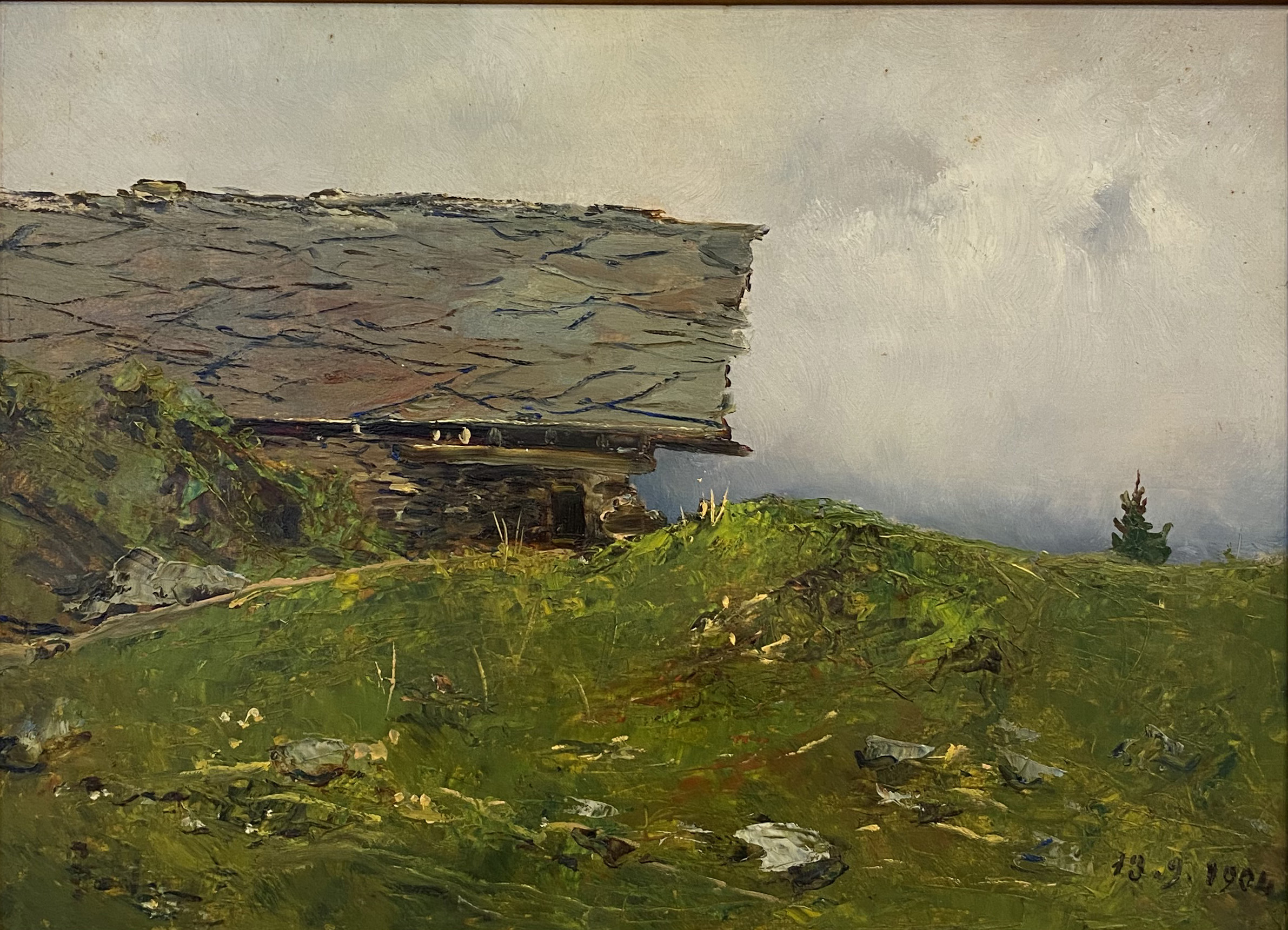 Giuseppe Augusto Levis, La grangia nella nebbia, 1904_olio su tavola_inv. 394_©ARTECO _ Pinacoteca Levis Chiomonte