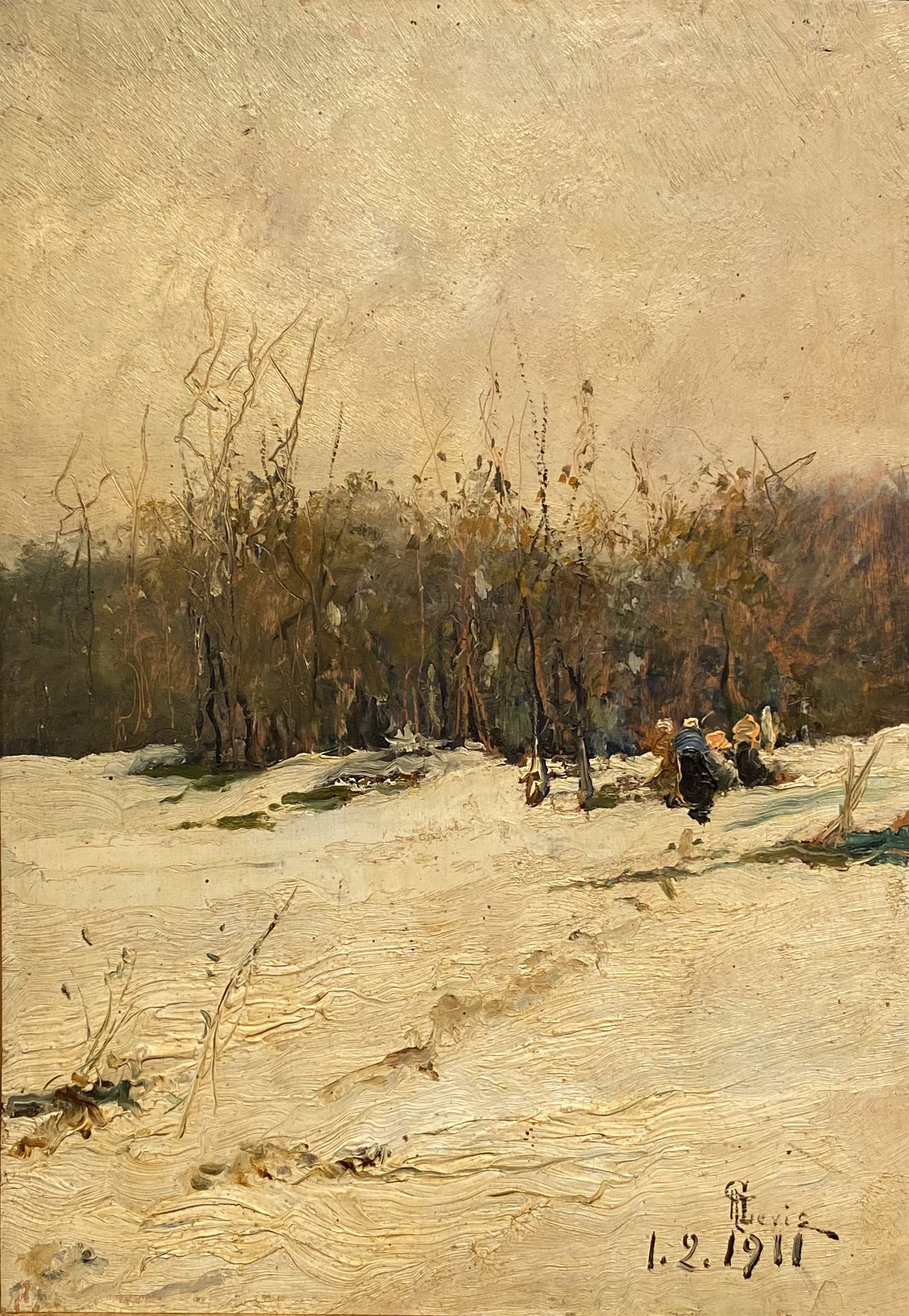 Giuseppe Augusto Levis, Legnaiuole sulla neve, 1911_olio su tavola_inv. 91_©ARTECO _ Pinacoteca Levis Chiomonte