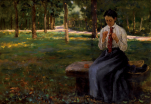 All’uncinetto, olio su tavola, 21,9x31,4, firma in basso a sin