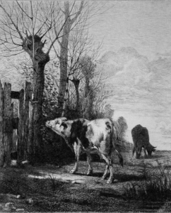 2 – Ultimi pascoli, 1868, acquaforte, 23x18,7, firma e data in b. a dx.