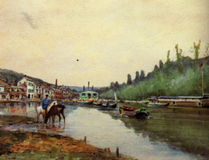 3 – Sulle rive della Senna, presso Parigi, 1890, acquarello su cartoncino, 31x45, firma e data in b. a dx.